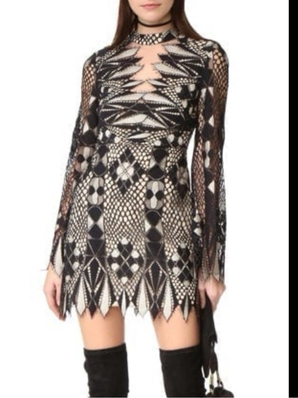 Free People Deco Lace Mini Dress in Black Sz 6 Rare Like New Witchy Bell Sleeve - Picture 3 of 16